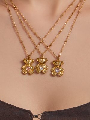 Cute Bear Loving Heart Zircon Pendant 18K Gold-Plated Stainless Steel Women's Non-Fading Necklace Ornament