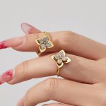 Three-Dimensional Four-Petal Zircon Earring Bracelet Ring Necklace Jewelry Set Stainless Steel Gold Plated Color Retaining