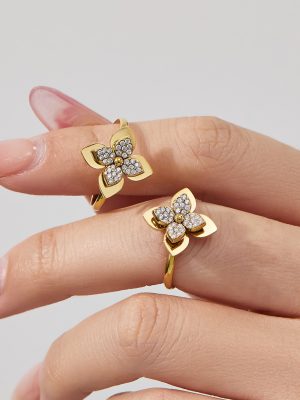 Three-Dimensional Four-Petal Zircon Earring Bracelet Ring Necklace Jewelry Set Stainless Steel Gold Plated Color Retaining