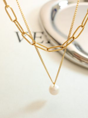 Cold Freshwater Pearl Pendant Multi-Layer Twin Necklace Women's Stainless Steel Clavicle Necklace P791