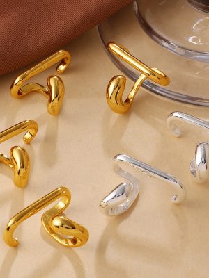 Minimalist Design Double Ring Non-Piercing Ear Clip Copper Plating 18K Gold Geometric Lines Advanced Earrings for Women