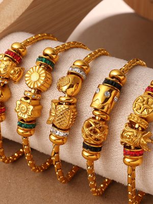 Gold Adjustable Bracelet with Diamond Decorative Beads Exquisite Retro Everyday Joker Ornament