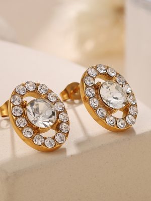 Light Luxury Stainless Steel Plated 18K Oval Rhinestone Inlaid with Rhinestone Earrings Stud Earrings for Women All-Match