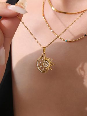 5A Zircon Sun Moon Pendant Twin Clavicle Necklace Stainless Steel 18K Gold Non-Fading Women's Jewelry