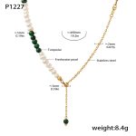 color: P1227-Gold Natural Stone Freshwater Pearl Necklace -49cm