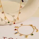 Elegant Pendant Stainless Steel 18K Gold Plating round Rectangular Geometric Zircon Necklace