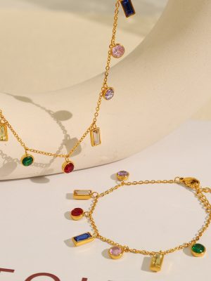Elegant Pendant Stainless Steel 18K Gold Plating round Rectangular Geometric Zircon Necklace