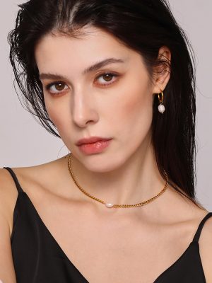 New Stainless Steel Chain Simple Single Pearl Necklace Pendant Earrings Light Luxury Temperament Electroplated 18K Real Gold
