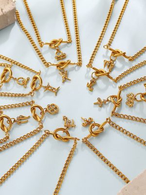 Retro Diamonds Twelve Constellation Pendant Knotted Bracelet Stainless Steel Plated 18K Gold Bracelet