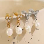 Light Luxury Three Diamonds Freshwater Pearl Ear Studs Female Stainless Steel Plated 18K Gold Earrings Ear Hoop Jewelry Female