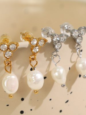 Light Luxury Three Diamonds Freshwater Pearl Ear Studs Female Stainless Steel Plated 18K Gold Earrings Ear Hoop Jewelry Female