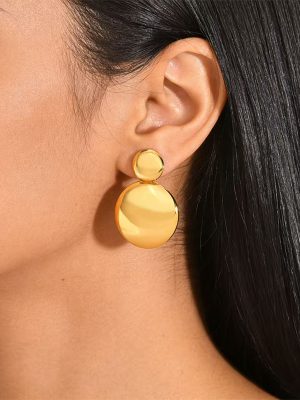 Golden oval striped geometric stainless steel earrings, Baota-style light-luxury design square ear accessories.