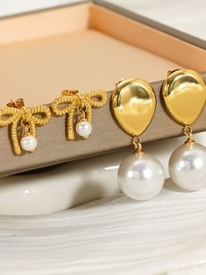 Stainless Steel Polished Bow-Knot Gold-Plated Earrings, Women’s Elegant High-End Light-Luxury Ear Accessories