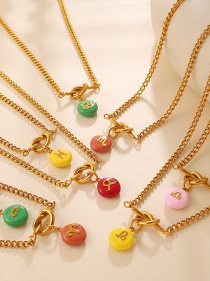 Twelve Constellation Color round Plate Pendant Knotted Necklace Stainless Steel 18K Gold Plating Dopamine