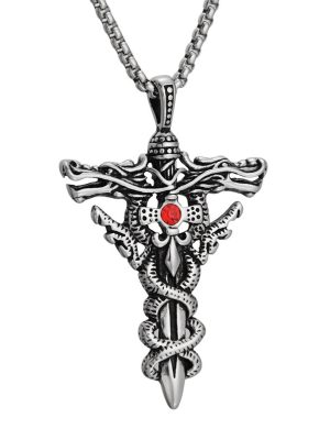 Ethnic Double Chinese Dragon Heads Red Point Brick Vintage Pendant Stainless Steel Men's and Women's Necklaces Sweater Chain Accessories Dark Red