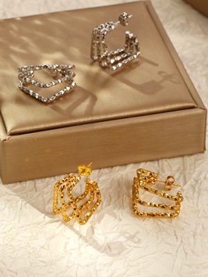 New Multi-Layer Pattern Square Stainless Steel Earrings Light Luxury 18K Gold Women's Earrings