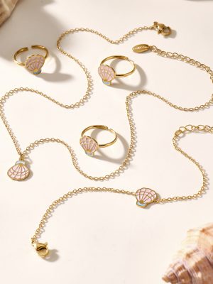Pink Oil Dripping Princess Dress Necklace Bracelet Anklet Ring Stainless Steel Children's Ornaments Cute Suit