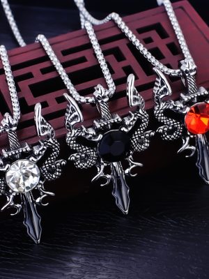 Ornament Creative Double Dragon Sword Black Onyx Pendant Stainless Steel Necklace Retro Men