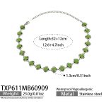 color: TXP611-Green Glass Stone Flower Steel Color Necklace -32+2cm