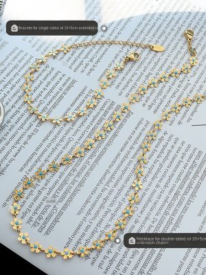 Fresh 18K Gold Plating Blue with Flowers Drop Oil Necklace Bracelet Light Luxury Neck P075-E012