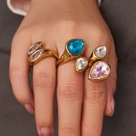Maillard Colored Glassstone Zircon Women's Ring Light Luxury Stainless Steel Plated 18K Real Gold Ornament