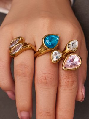 Maillard Colored Glassstone Zircon Women's Ring Light Luxury Stainless Steel Plated 18K Real Gold Ornament