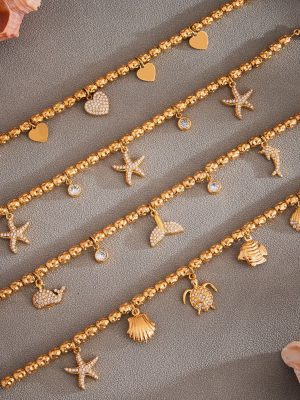 18K Gold Plated Embossed Stainless Steel Beaded Bracelet Holiday Multi-Accessories Full Zirconium Fishtail Starfish Bracelet