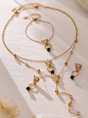 Stainless Steel Leopard Head Inlaid Zircon Natural Agate Pendant Bracelet Earrings Necklace PVD Gold Plated Color Retention