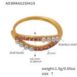 color: A030-Gold Pink Rhinestone Shell Pearl Ring / size: US 7