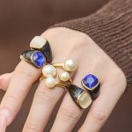 Drip Glazed Design Stainless Steel Imitation Pearl Blue Opal Ring Female 18K Gold Color Protection Ring