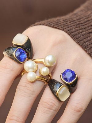 Drip Glazed Design Stainless Steel Imitation Pearl Blue Opal Ring Female 18K Gold Color Protection Ring