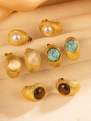 Light Luxury High-Grade Retro Stainless Steel Semicircle Pearl Cat's Eye Earrings Women's 18K Gold Plating Earrings