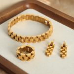 New Advanced Personality Chain Stainless Steel Gold-Plated Creative Bracelet Earrings Ring Set Ornament Women