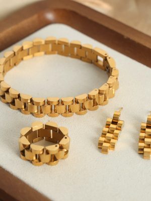 New Advanced Personality Chain Stainless Steel Gold-Plated Creative Bracelet Earrings Ring Set Ornament Women