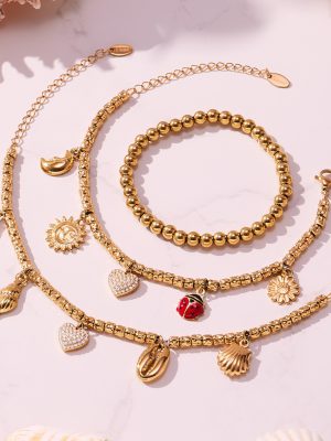 Sparkling Full Rhinestone Love Heart DIY Multi Accessory Pendant Bracelet 18K Gold Plating Embossed Steel Ball Stainless Steel Jewelry