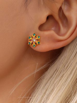 Handmade Inlaid Zircon Snowflake Ear Stud Stainless Steel Plated 18K Real Gold Commuter Earrings