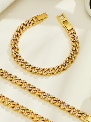 Light Luxury Stainless Steel Gold-Plated Full Zircon Clavicle Chain Simple No Color Fading Necklace Bracelet