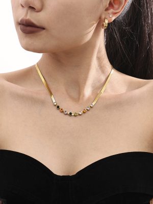 Colorful Zircon Blade Necklace Bracelet Stainless Steel Plated 18K Real Gold Color Retaining Light Luxury Set