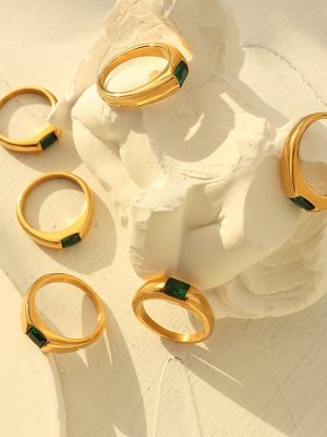 French New Lvzuan Zircon Inlaid Ring Elegant Graceful Non-Fading Stainless Steel 18K Gold Plating Ring