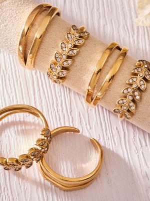 Stainless Steel Wheat Shape Inlaid Zircon Open Ring Simple Double-Layer Line Hollow Index Finger Ring Combination
