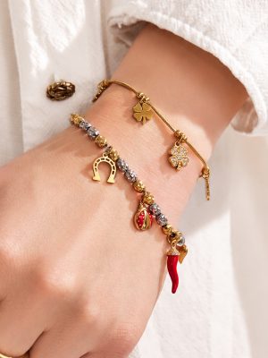 Heart-Shaped Ladybug Four-Leaf Zircon Bracelet Stainless Steel 18K Gold Plating Accessory