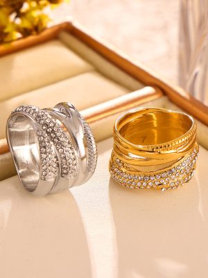 New Cross Woven Inlaid Multi-Row Diamond Ring Stainless Steel Plated 18K Real Gold Light Luxury Fashionable Ring