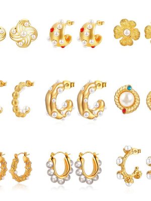 Stainless Steel Inlaid Pearl Earrings Women's Retro Easy Matching Earrings Light Luxury Plated 18K Earrings