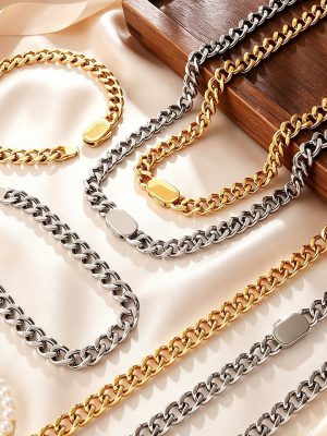 Street Classic Widened Thick Type Cuban Bracelet Necklace Stainless Steel Minimalist Flat Buckle Jewelry Set