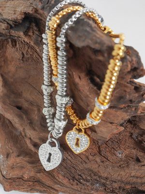 Heart-Shaped Lock Inlaid Diamond Stainless Steel Draw Pull Buckle Bracelet Light Luxury All-Match Trendy Bracelet Female Accessories
