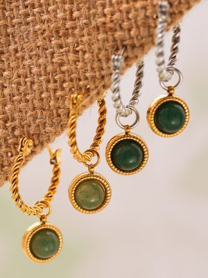Natural Green Agate Twist Earrings Luxury Elegant Stainless Steel PVD Plated 18K Real Gold Ear Clips Earrings
