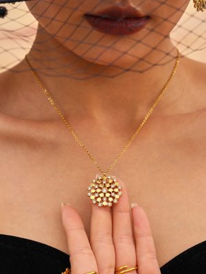 Stainless Steel Snowflake Czech Rhinestone Super Shiny Ear Stud and Ring Necklace Set 18K Real Gold Non-Fading