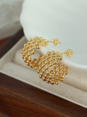 Stainless Steel Small Golden Beads Splicing Mesh C- Shaped Design Hong Kong Style 18K Gold Plating Ear Studs Earrings