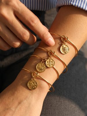 Retro Twelve Constellation Golden round Brand Knotted Bracelet Stainless Steel Plated 18K Gold Stacked Wear Open-End Bracelet
