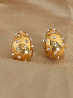 New Personalized All-Match Stainless Steel Gold-Plated Geometric Water Drop Diamond-Embedded High-Gloss Beading Earrings Jewelry Women